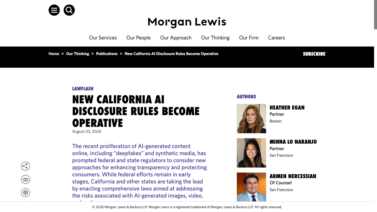 Morgan Lewis LawFlash headline confirming California's AI disclosure rules became operative on August 2, 2026