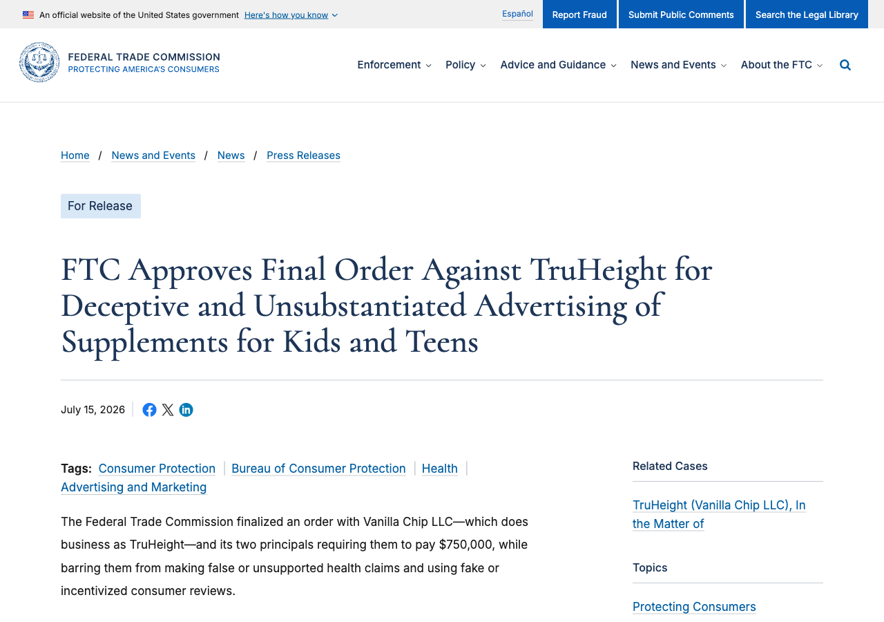 FTC press release confirming the Commission finalized its order against TruHeight, requiring a $750,000 payment and barring unsupported health claims