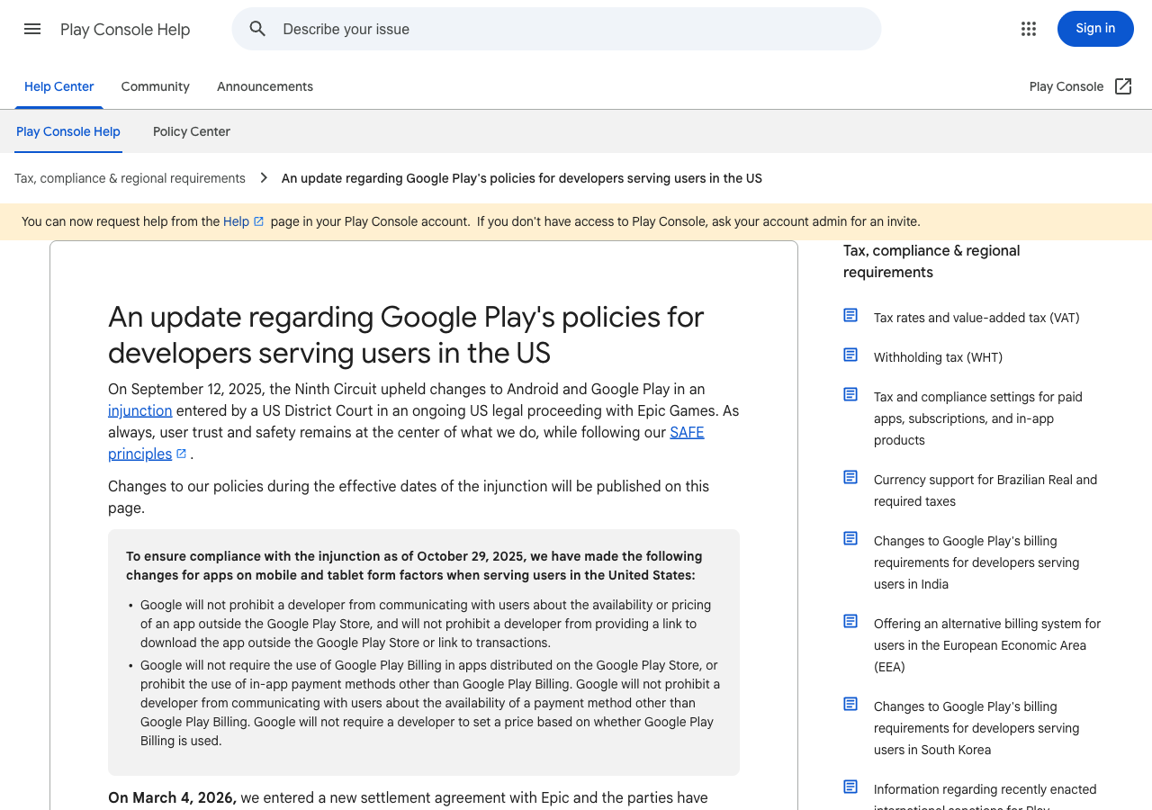 Google Play Console Help page describing the timeline of policy changes for developers serving users in the US, including the June 22 and July 22, 2026 dates