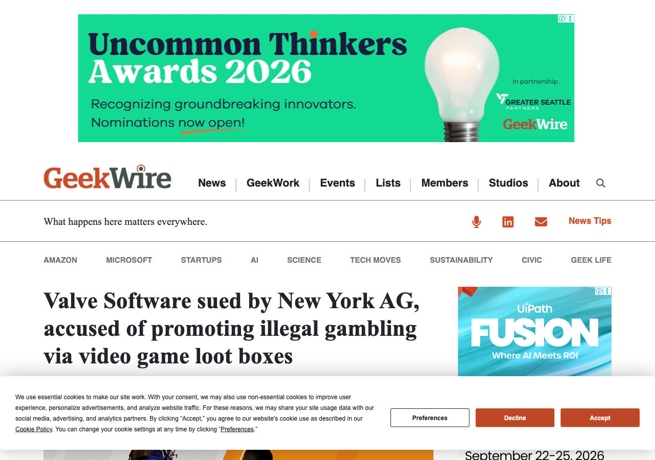 GeekWire headline reporting that New York Attorney General Letitia James sued Valve Software, accusing the company of promoting illegal gambling through loot boxes in Counter-Strike 2, Dota 2, and Team Fortress 2