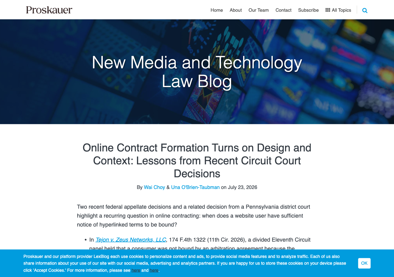 Screenshot of Proskauer's New Media and Technology Law Blog article "Online Contract Formation Turns on Design and Context," published July 23, 2026, listing the Tejon, Dahdah, and Hoover rulings