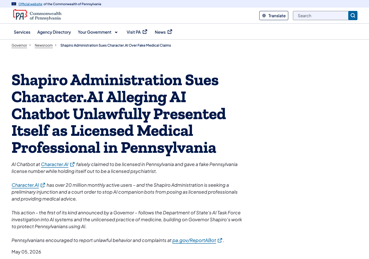 Commonwealth of Pennsylvania press release announcing the Department of State's lawsuit against Character.AI over a chatbot that falsely claimed to be a licensed psychiatrist