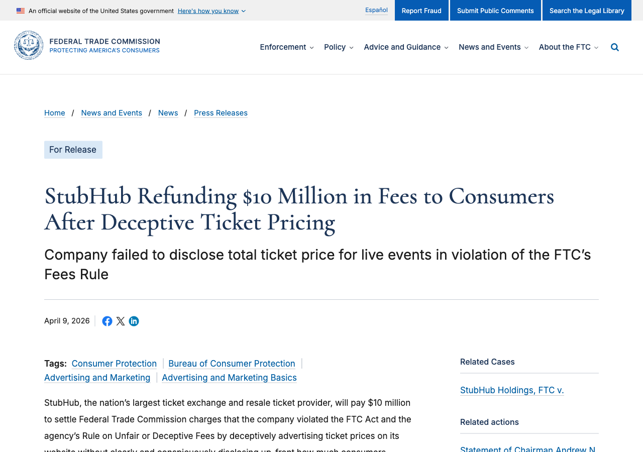 FTC press release confirming StubHub will pay $10 million and adopt all-in pricing to settle drip pricing charges