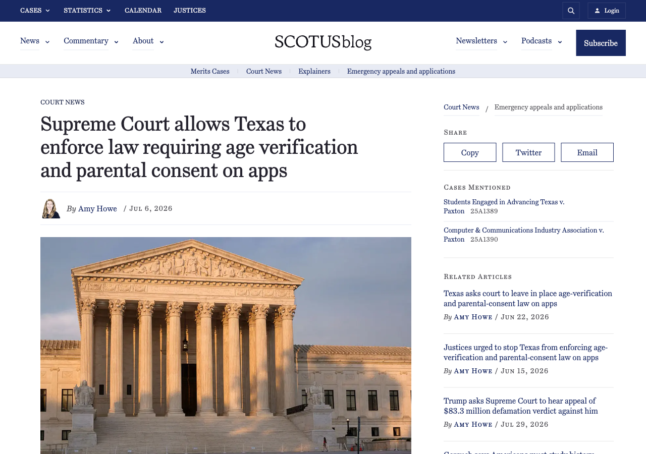 SCOTUSblog article headline reporting the Supreme Court's July 6, 2026 order allowing Texas to enforce its app store age verification and parental consent law, with the case docket numbers 25A1389 and 25A1390 shown in the sidebar