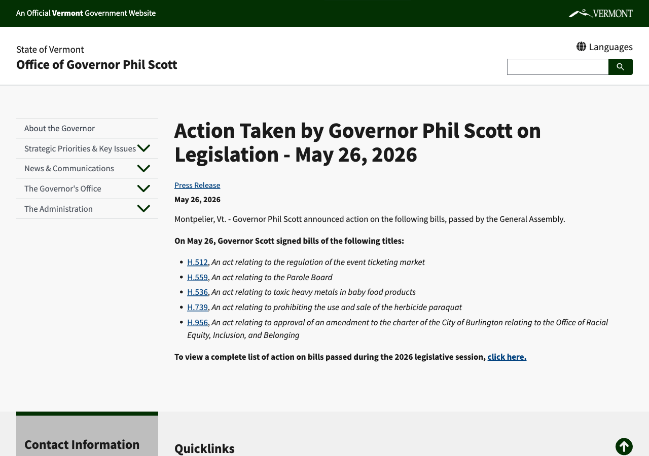 Office of Governor Phil Scott press release headlined "Action Taken by Governor Phil Scott on Legislation, May 26, 2026," listing H.512, an act relating to the regulation of the event ticketing market, among the bills signed that day
