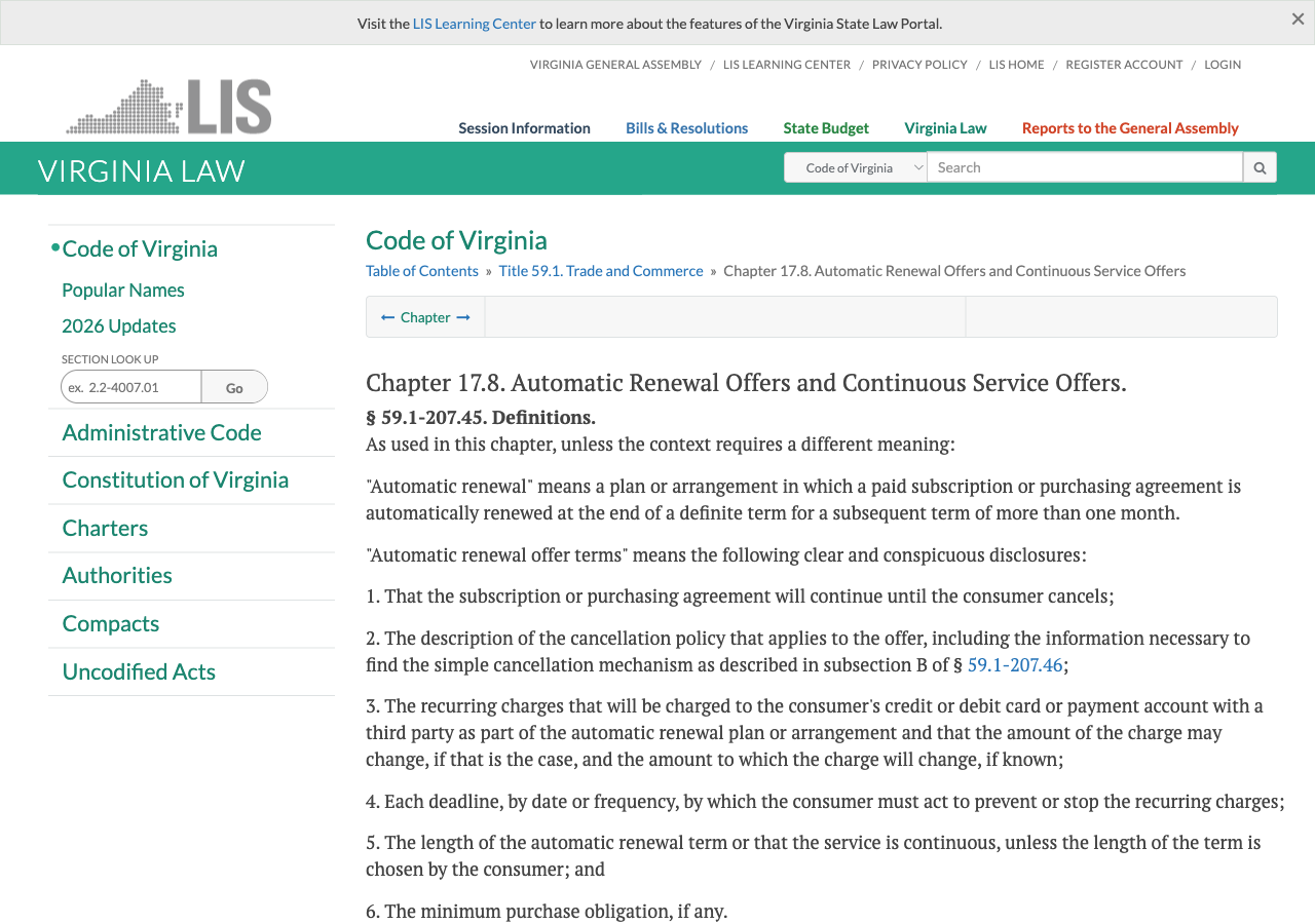 Code of Virginia Chapter 17.8, Automatic Renewal Offers and Continuous Service Offers, showing the statutory text of Section 59.1-207.45 definitions