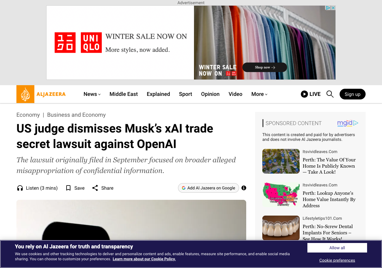 Al Jazeera headline reporting the June 2026 dismissal of xAI's trade secret lawsuit against OpenAI